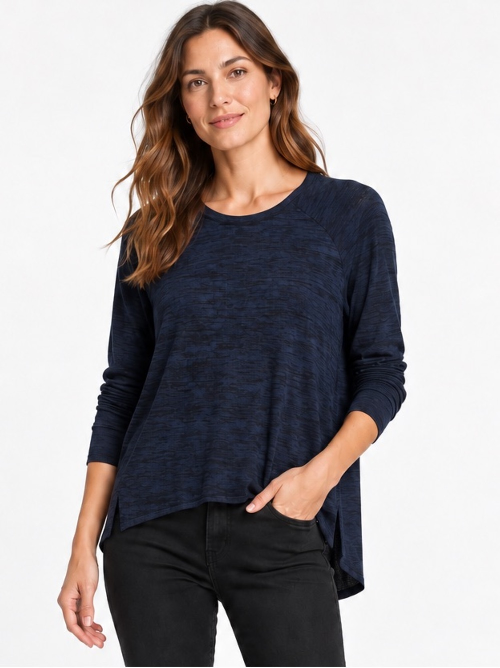 Rag & Bone Black Navy Heathered High-Low Raglan Long Sleeve Top LARGE Minimalist